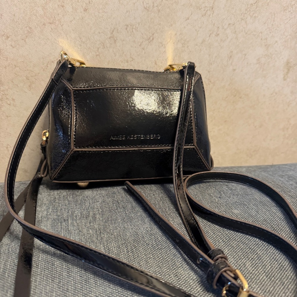 Aimee Kestenberg Black Patent Leather Geometric Crossbody Bag‎ Gold Hardware